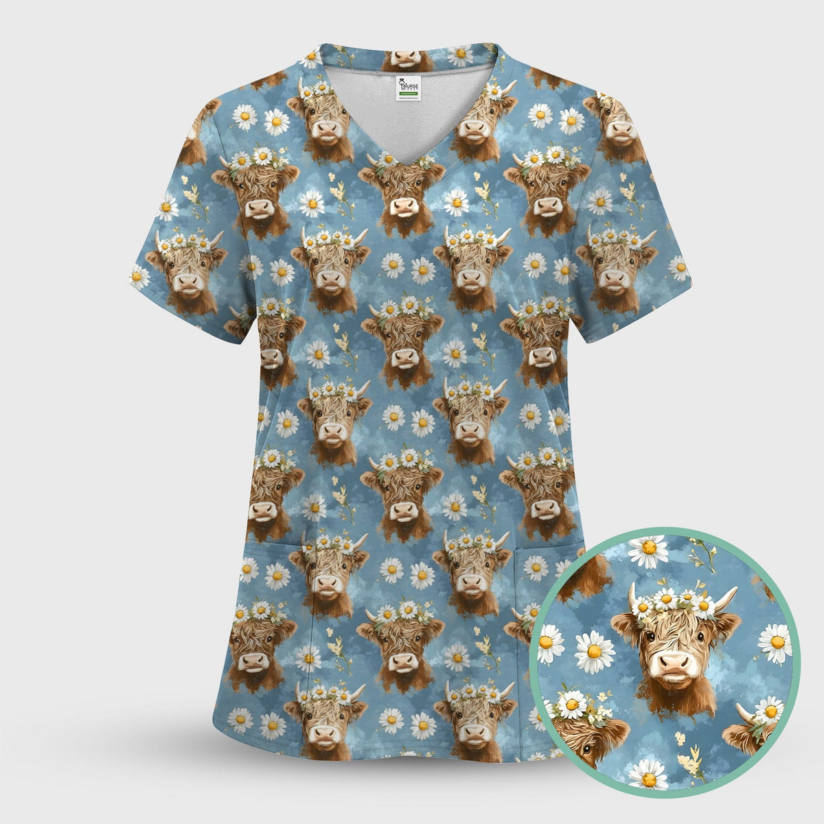 Highland Cow Daisy Flower Nurse Scrub Top