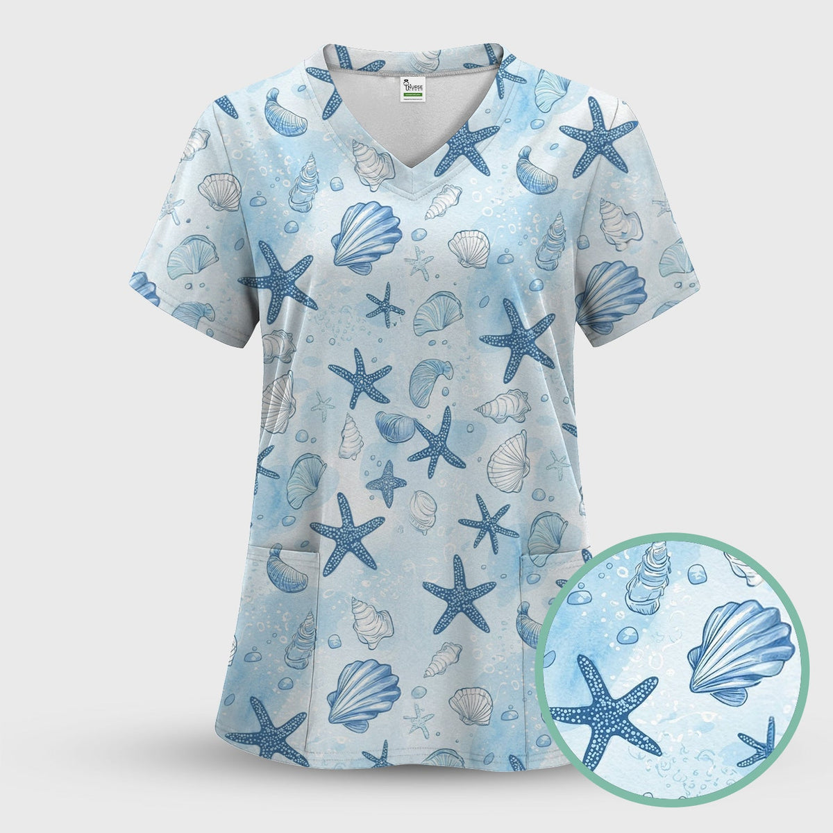 Blue Sea Shells Starfish Nurse Scrub Set