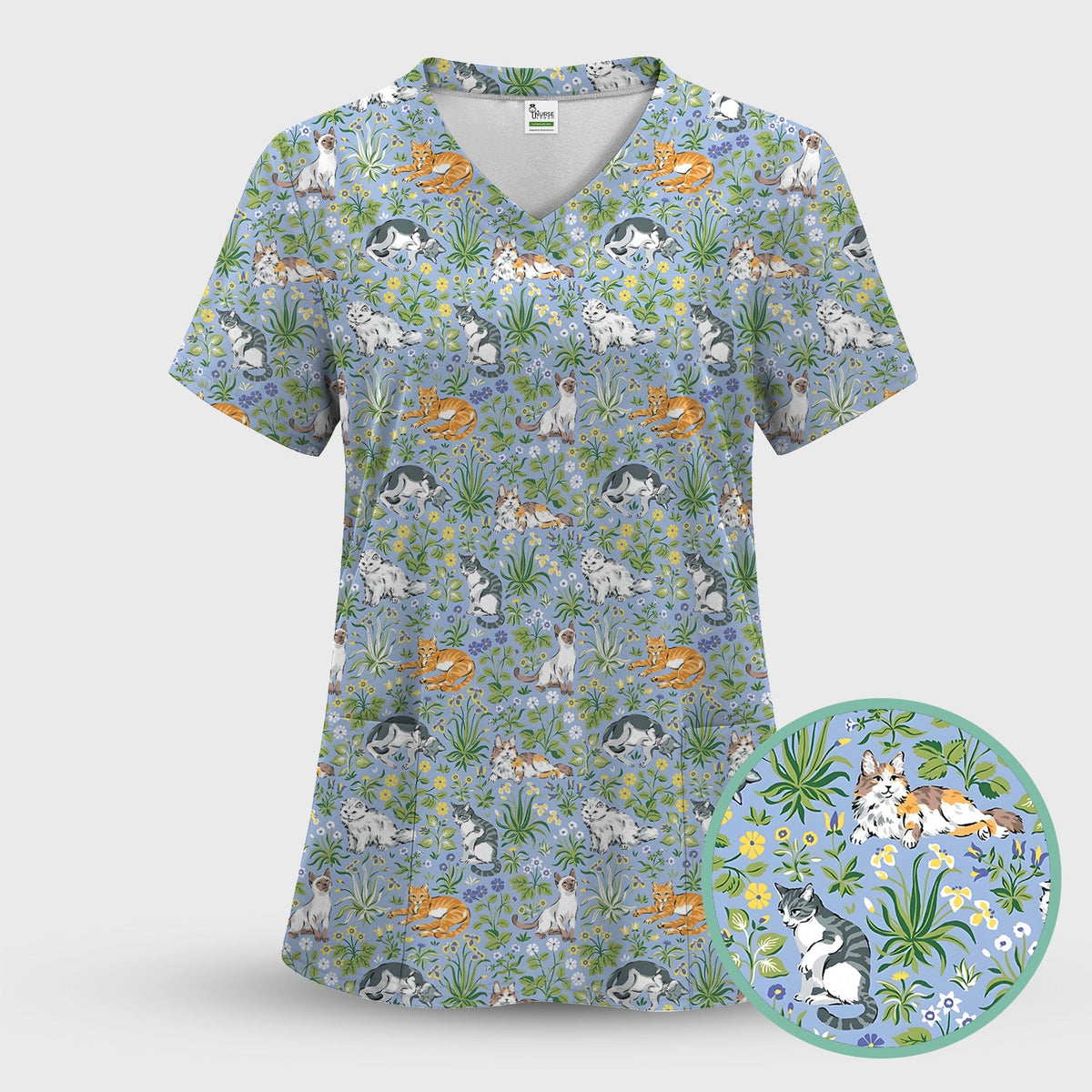 Floral Cat Garden Nurse Scrub Top