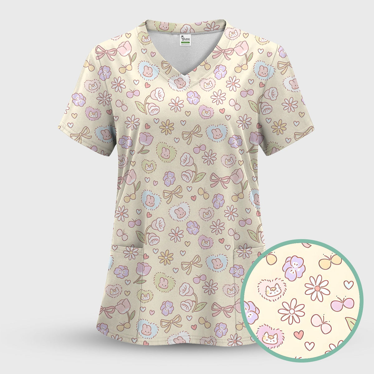 Pastel Bunny Flower Heart Nurse Scrub Set