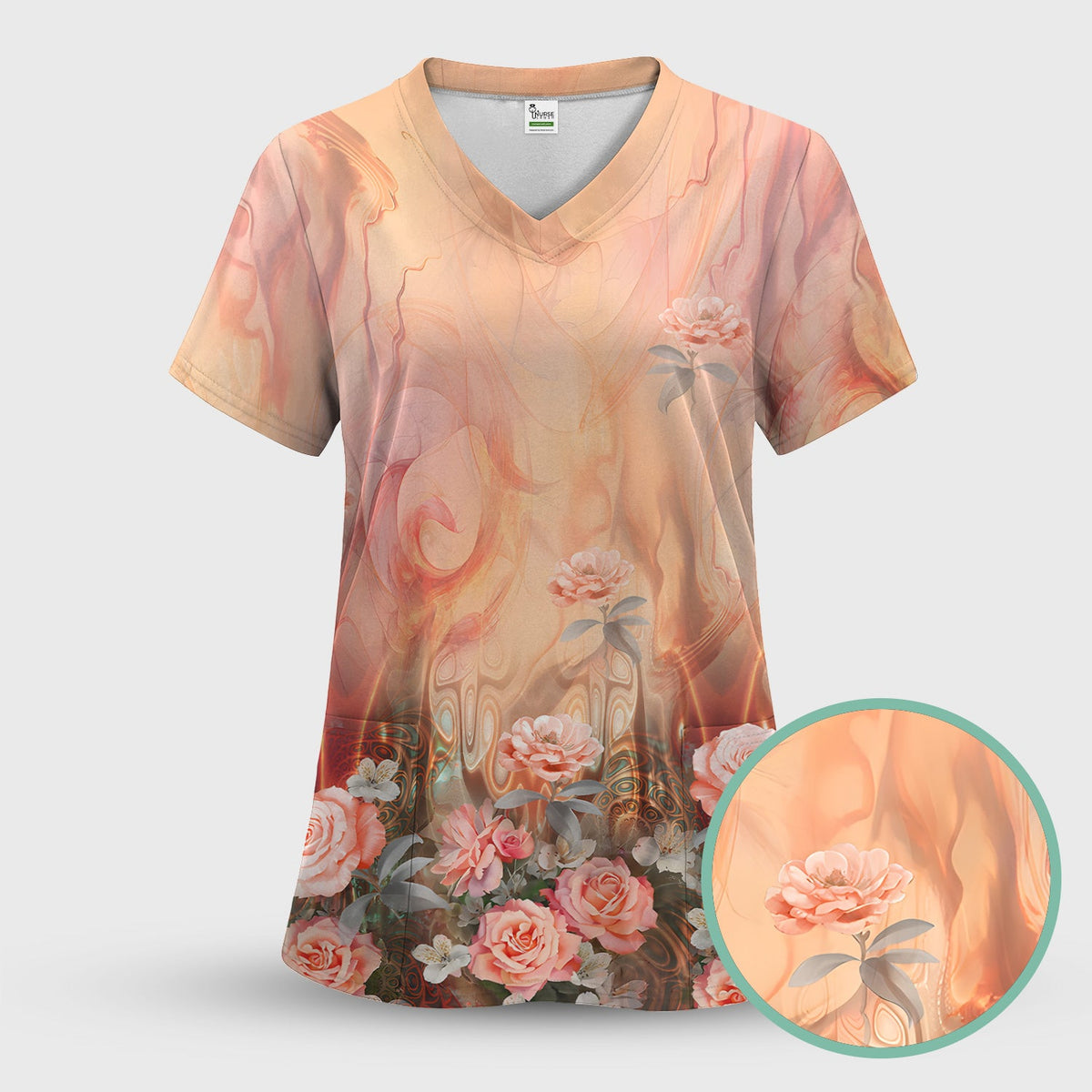 Elegant Peach Marble Rose Nurse Scrub Set