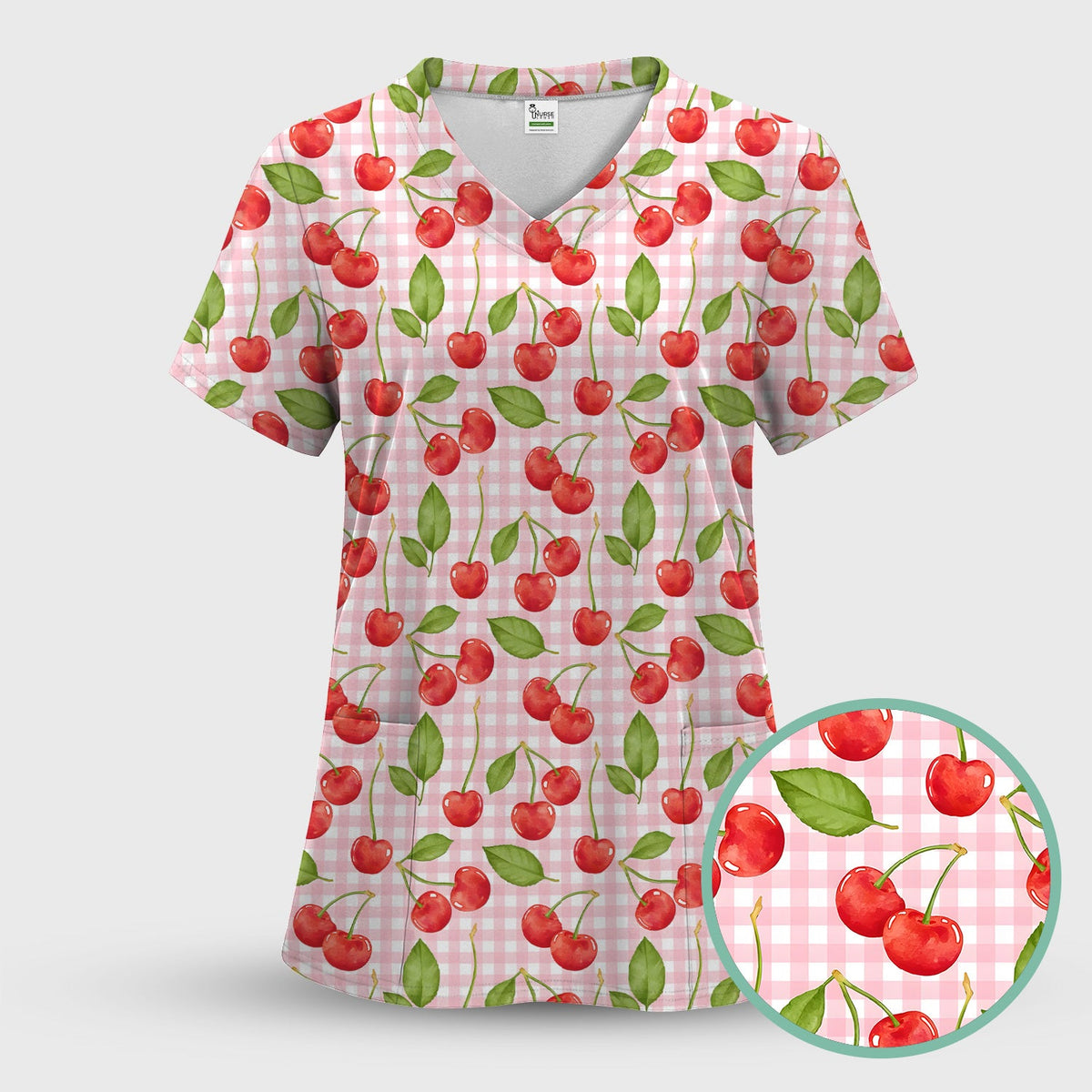 Sweet Red Cherry Gingham Pattern Scrub Top, Comfortable Scrubs for Nurses