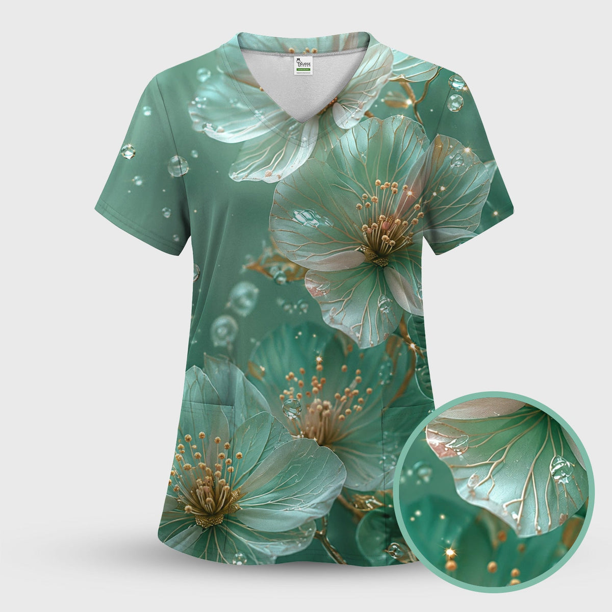 Elegant Mint Blossom Dewdrop Nurse Scrub Top