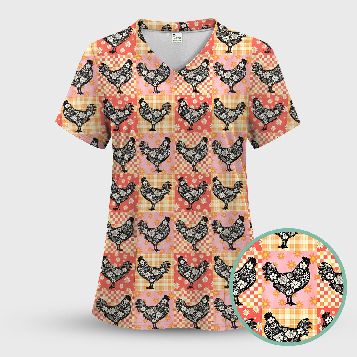 Floral Chicken Patchwork Nurse Scrub Set