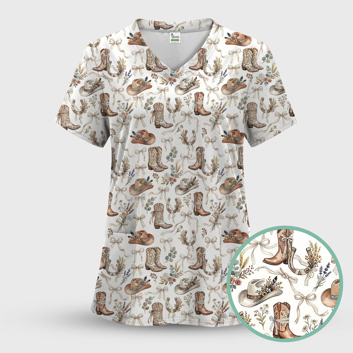 Western Cowboy Boots Hat Floral Pattern Scrub Set, Scrub Pants and V Neck Top