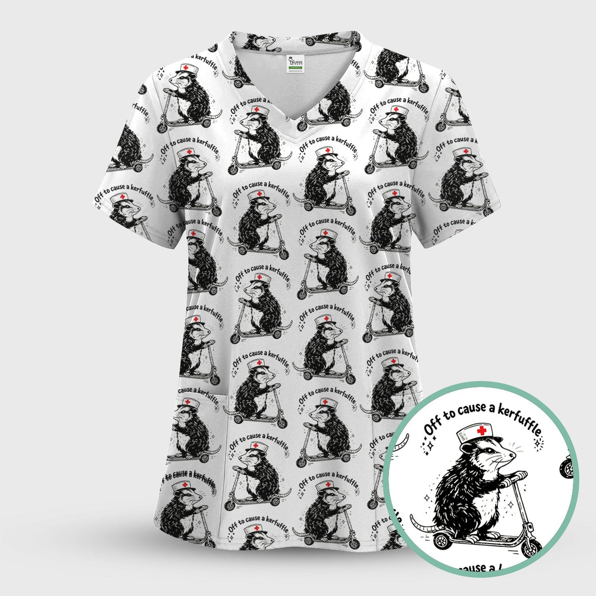 Funny Opossum Nurse Riding Scooter Pattern Scrubs Top, Breathable Fabrics Nursing Uniform