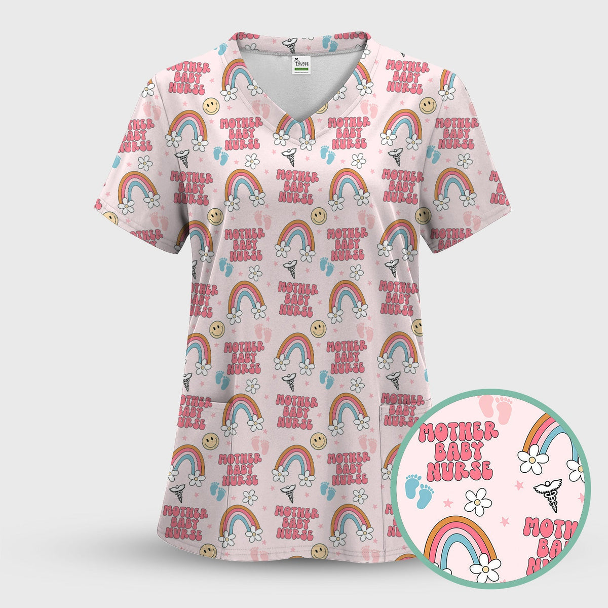 Sweet Mother Baby Nurse Rainbow Scrub Top