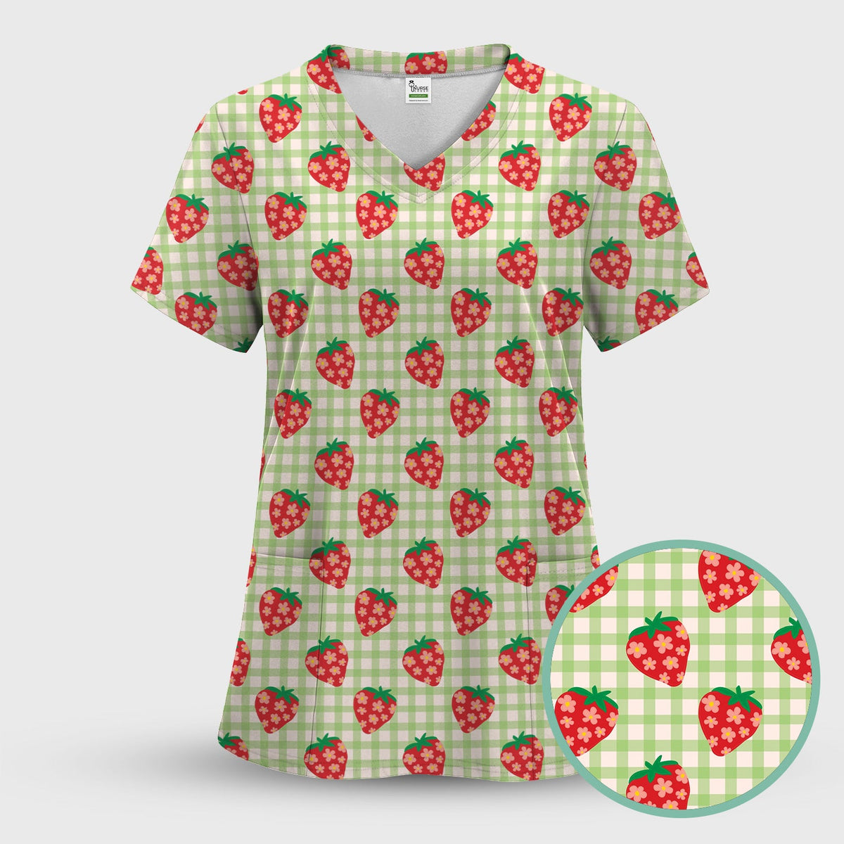 Sweet Strawberry Gingham Nurse Scrub Top
