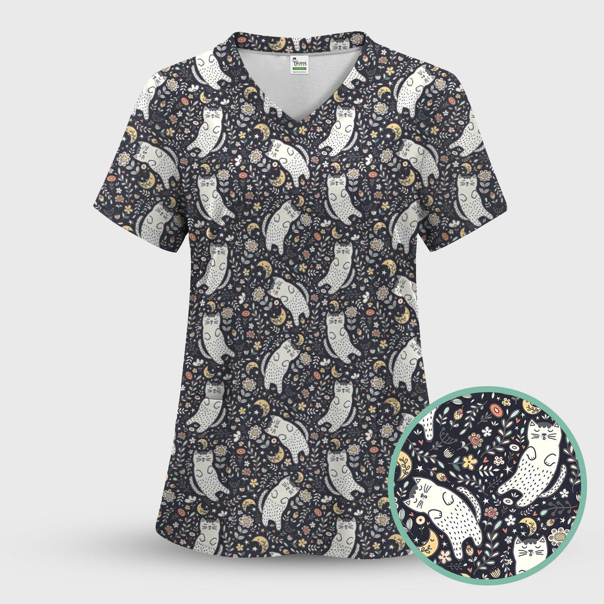 Moonlit Floral Cat Nurse Scrub Set