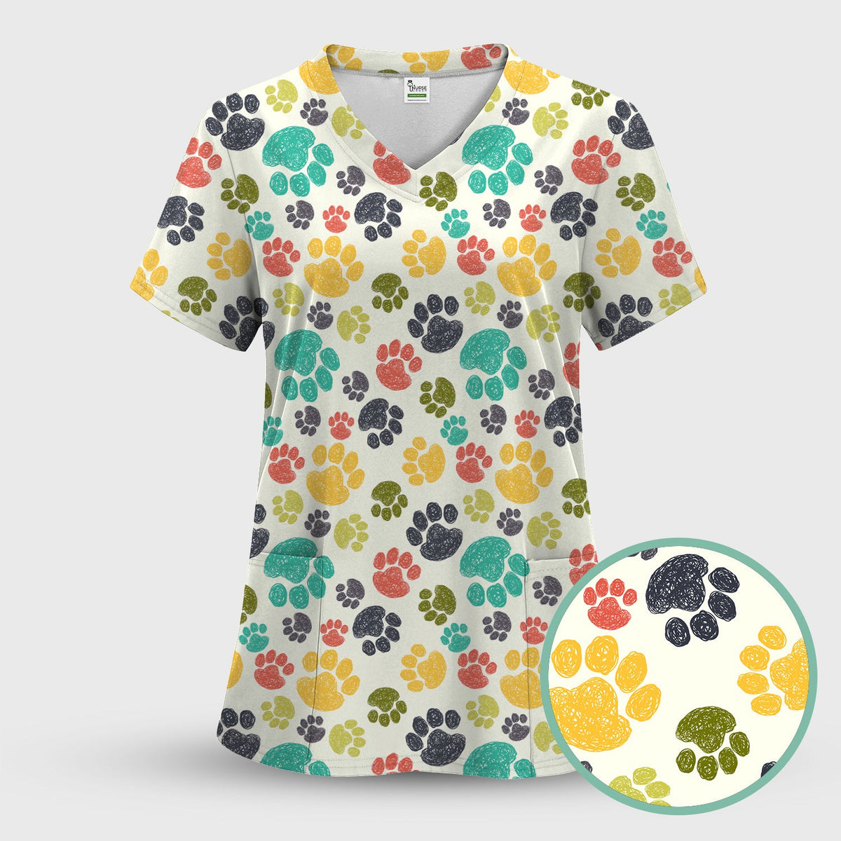 Colorful Paw Print Animal Pattern Scrub Top, Comfortable Scrubs for Nurses