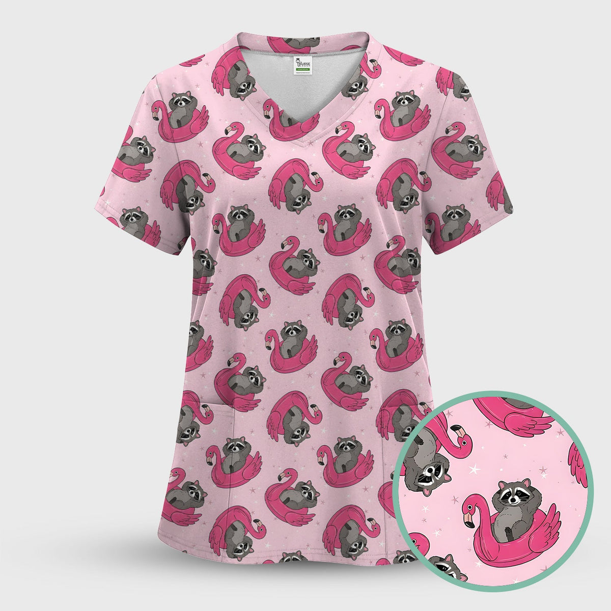 Raccoon Flamingo Float Nurse Scrub Set
