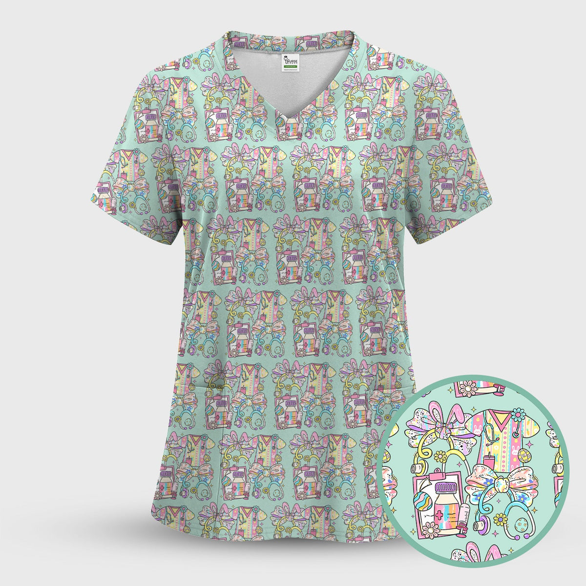 Colorful Nurse Scrub Supplies Pattern Scrub Top, Breathable Fabrics Nursing Uniform