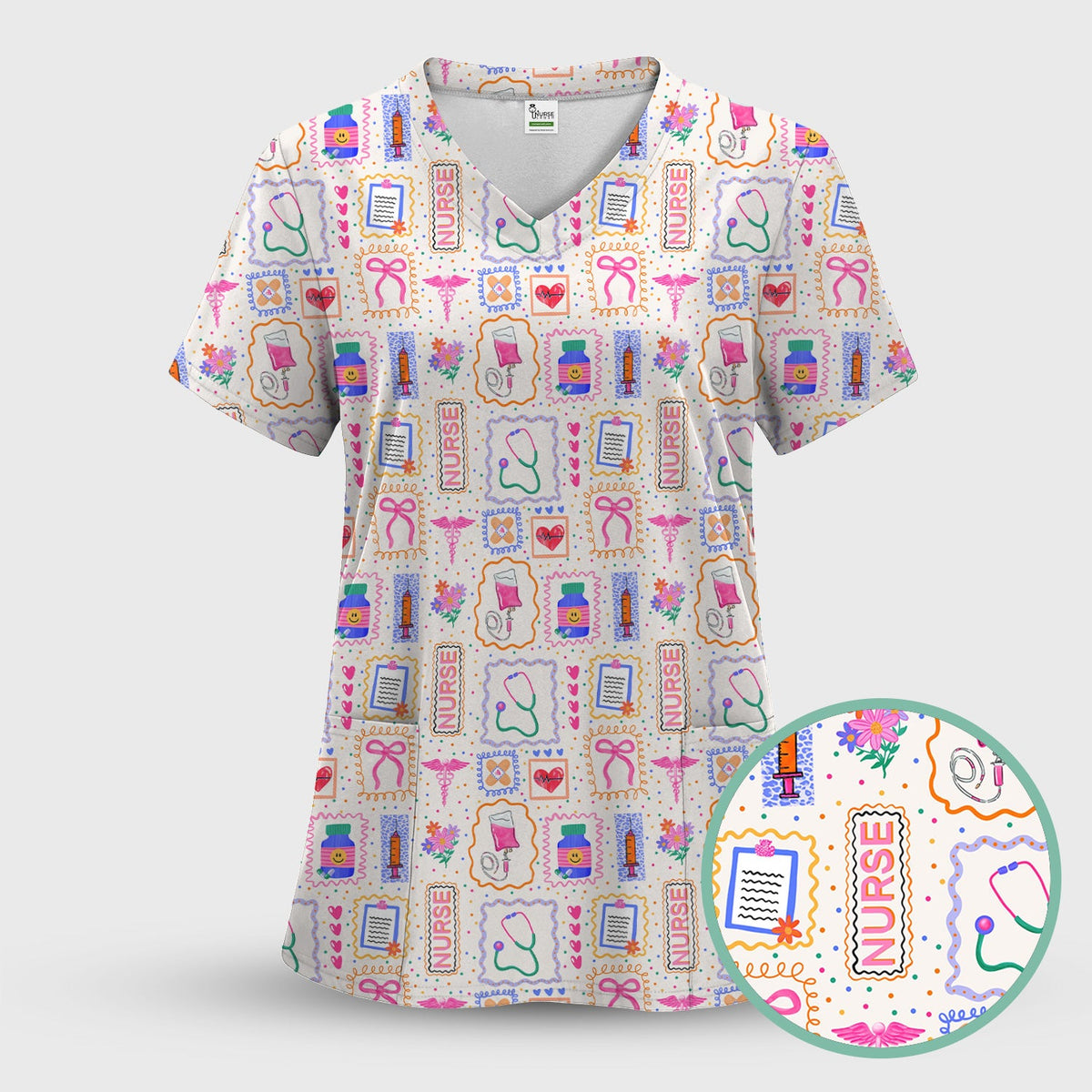Colorful Nurse Medical Icon Pattern Scrub Top, Comfortable Scrubs for Nurses
