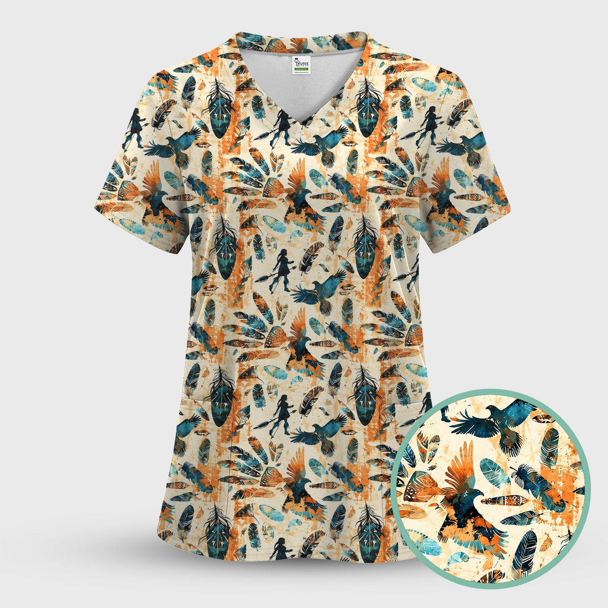 Feather Birds Tribal Nurse Scrub Top