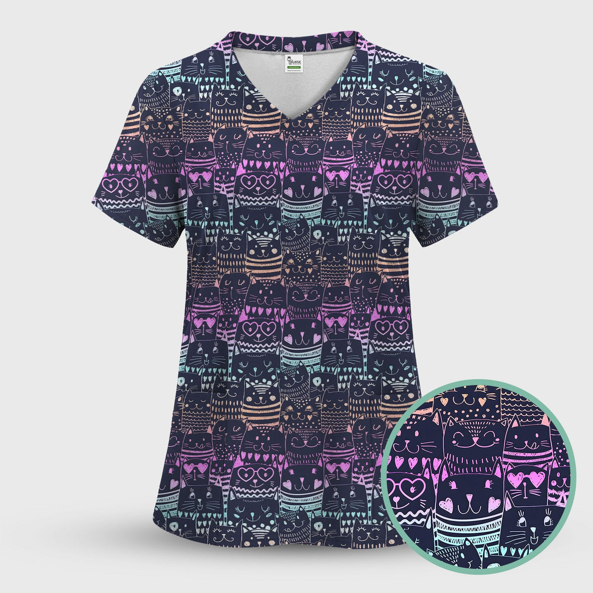 Neon Cat Faces Nurse Scrub Set