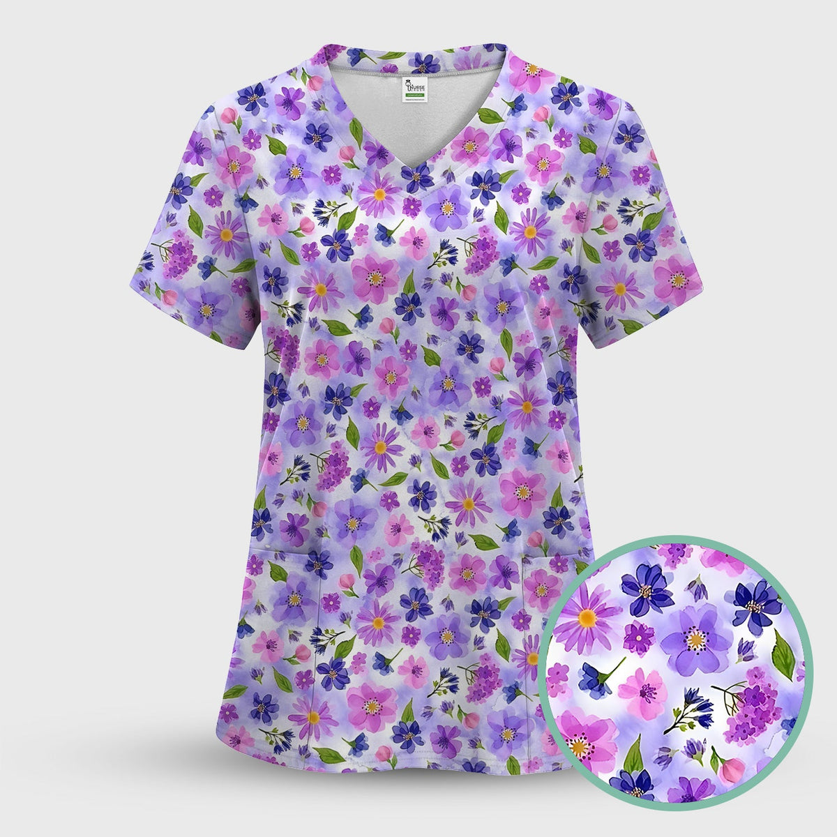Purple Watercolor Wildflower Bloom Nurse Scrub Set
