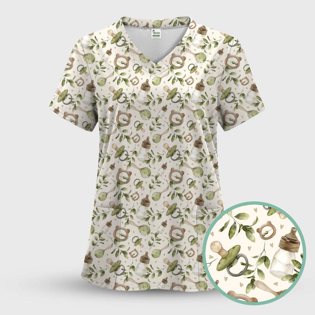 Cute Baby Bottle Greenery Nurse Scrub Set