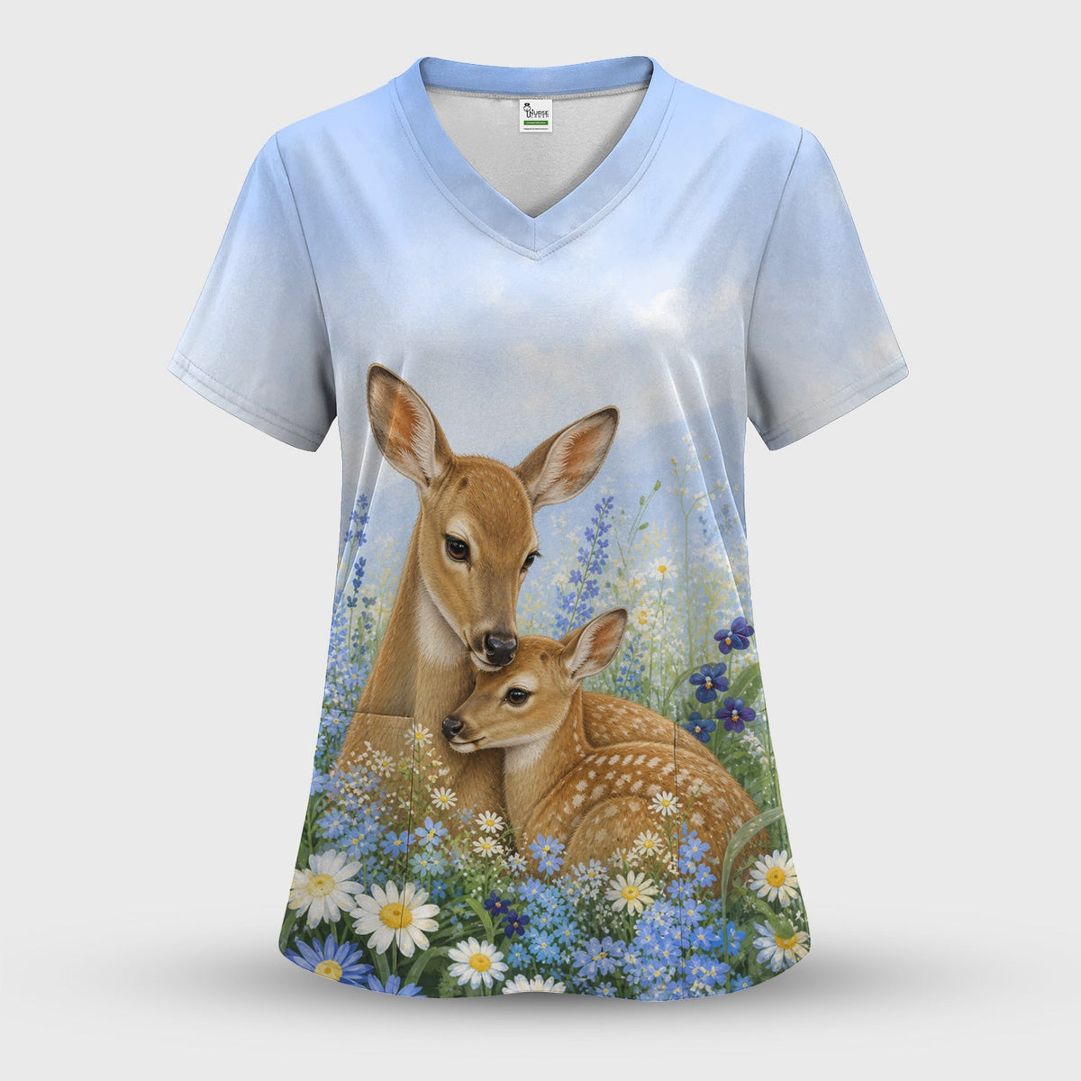 Deer Mother Baby Meadow Nurse Scrub Top