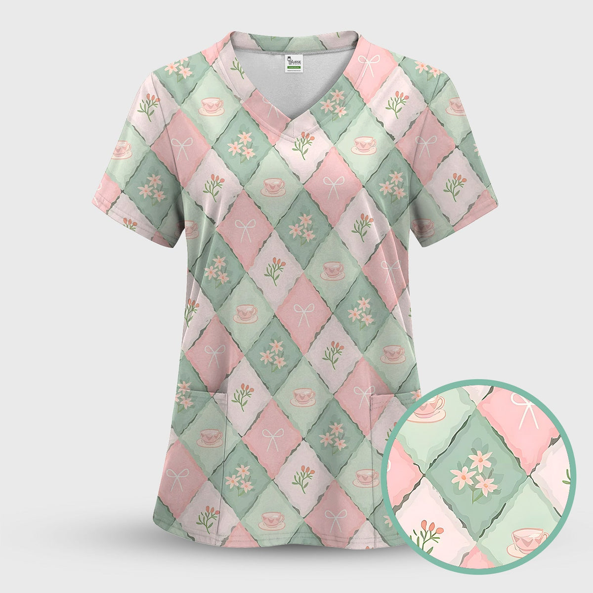Flowers Tea Cups Nurse Scrub Set