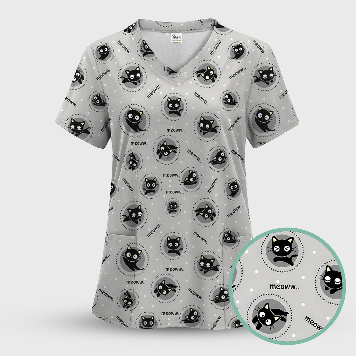 Black Cat Meow Nurse Scrub Top