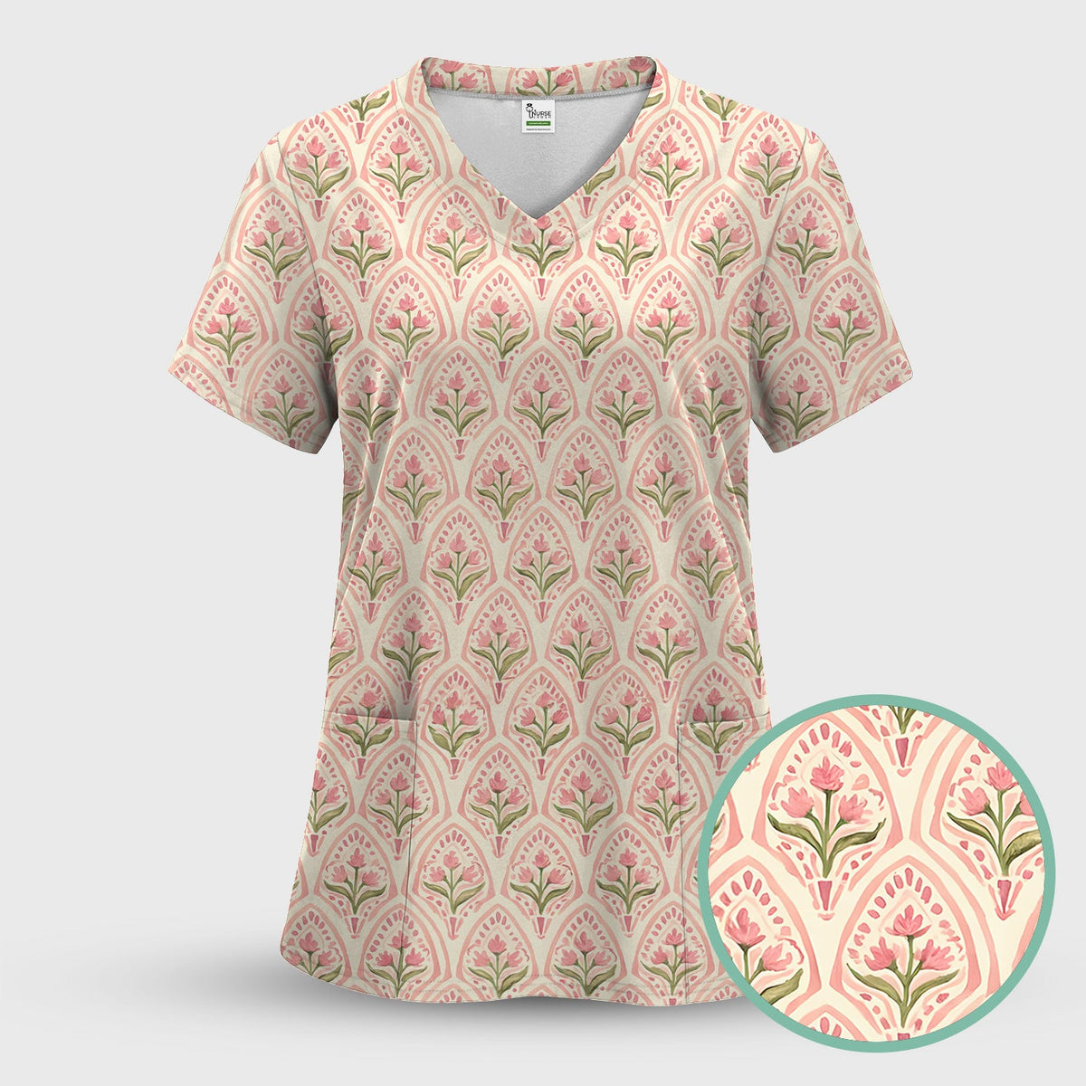 Pink Tulip Floral Arch Nurse Scrub Set