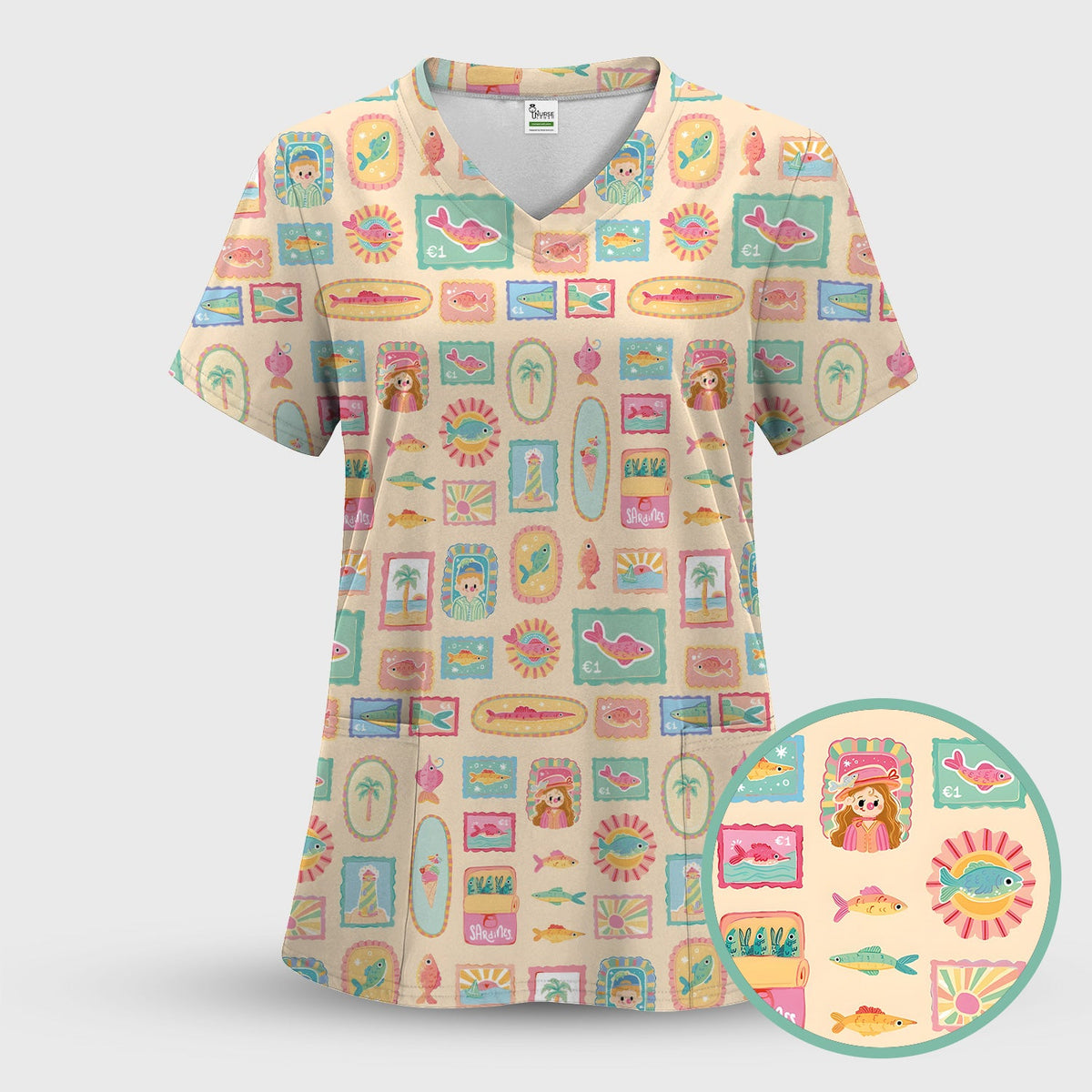 Coastal Vintage Postage Stamp Nurse Scrub Top