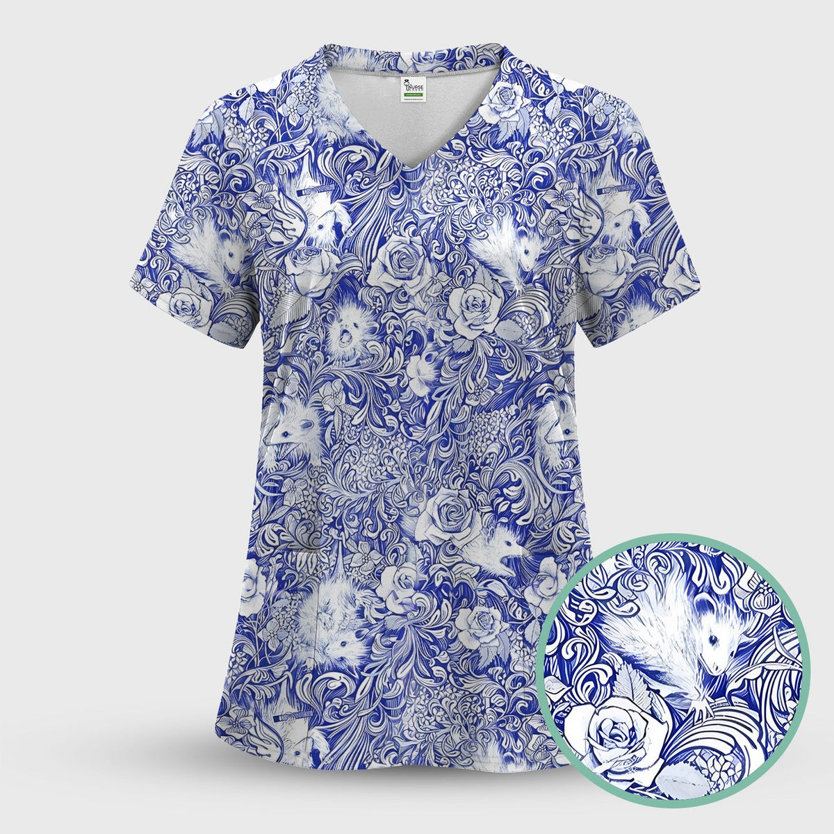 Blue Toile Porcupine Floral Nurse Scrub Set