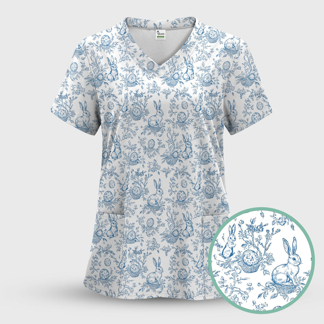 Bunny Floral Egg Toile Nurse Scrub Top - Easter Gift