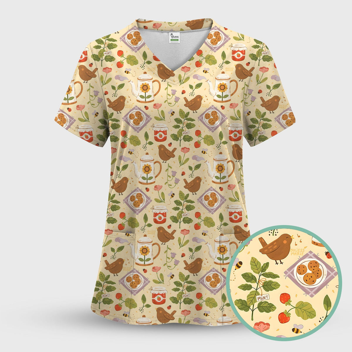 Garden Tea Bird Strawberry Nurse Scrub Set