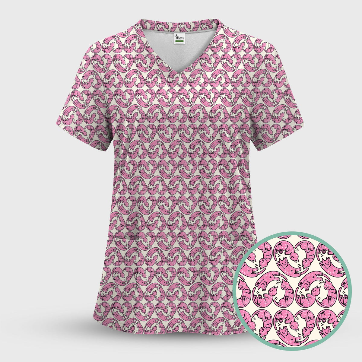 Pink Cat Cartoon Nurse Scrub Top