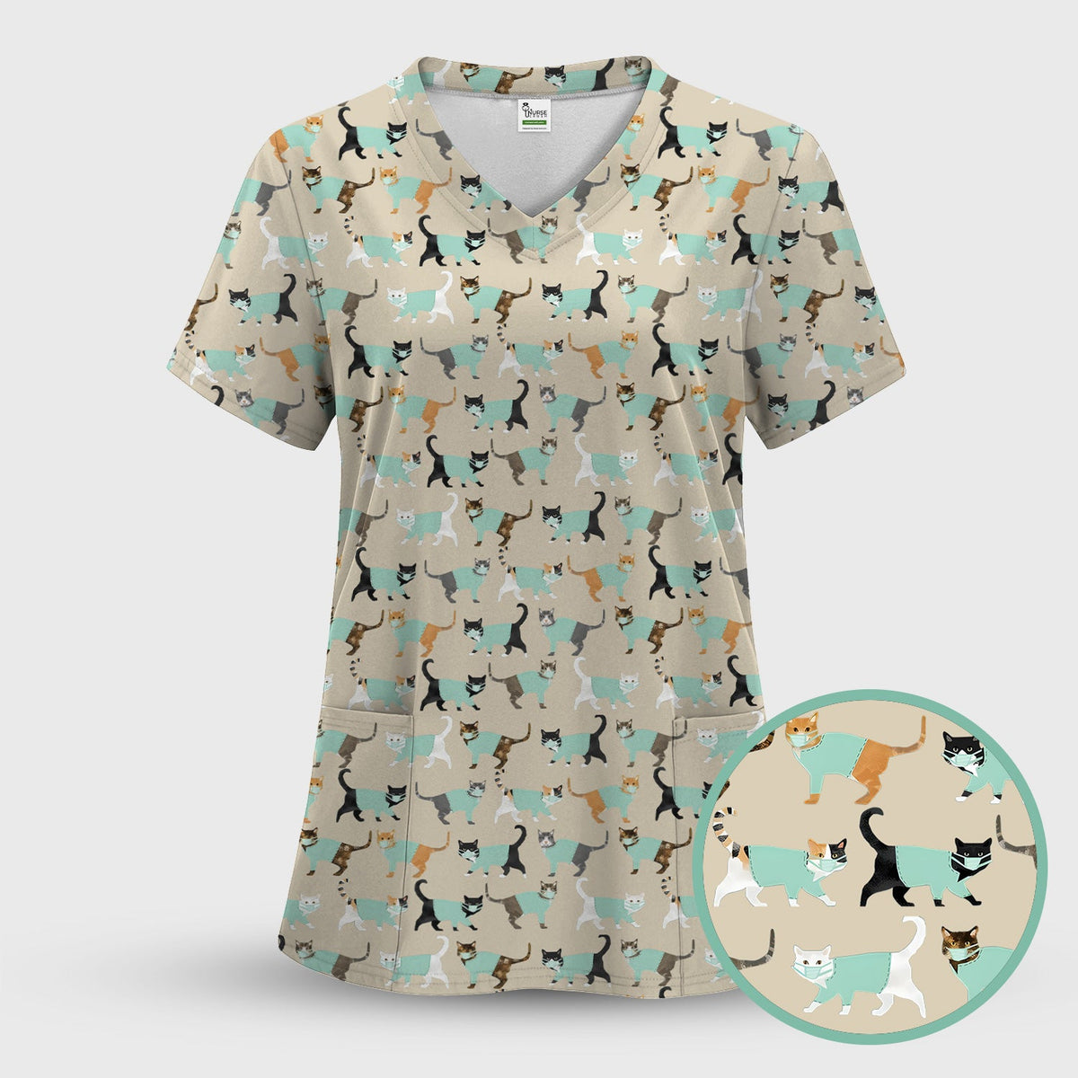 Playful Cat Nurse All Over Print Scrub Top, Comfortable Scrubs for Nurses