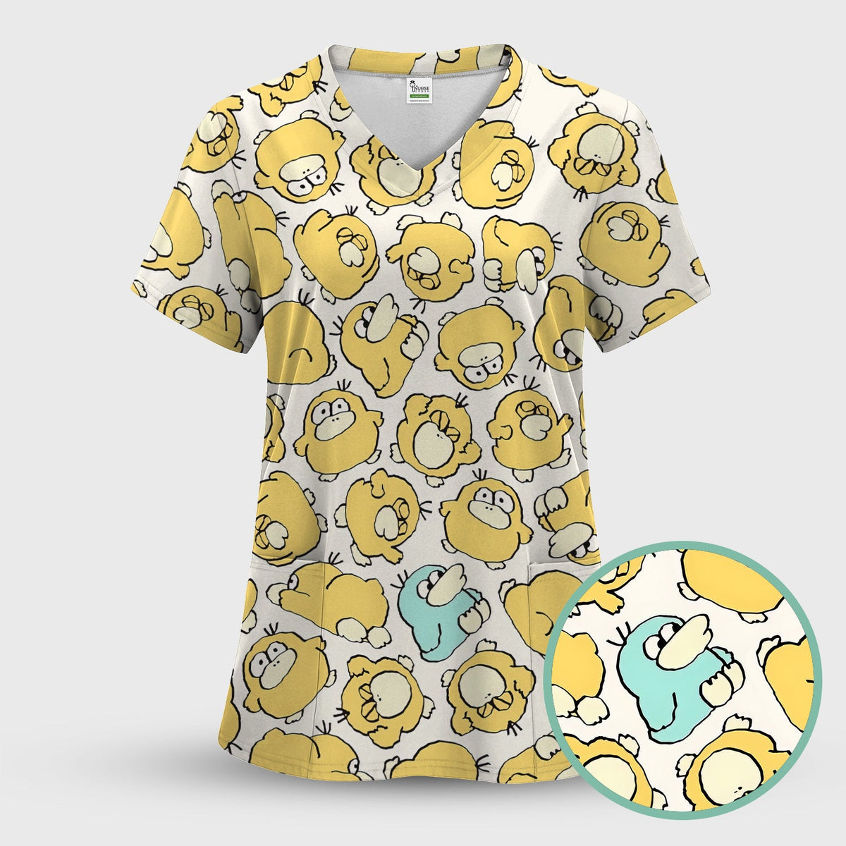 Yellow Cartoon Duck Nurse Scrub Top