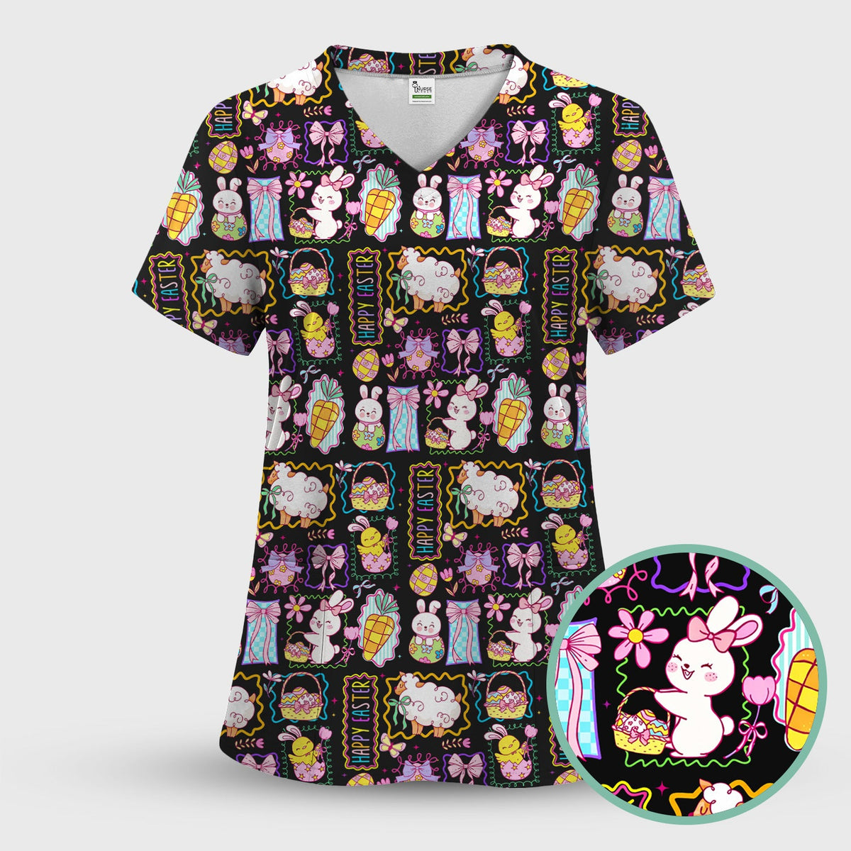 Cute Easter Bunny Egg and Bow Print Scrub Set, Scrub Pants and V Neck Top