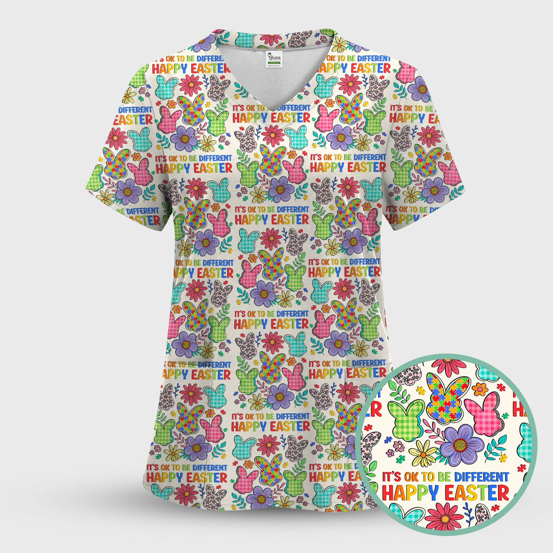 Bunny Floral Nurse Scrub Top - Easter Gift