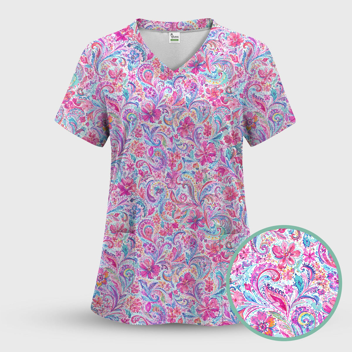 Elegant Pink Paisley Blossom Nurse Scrub Set
