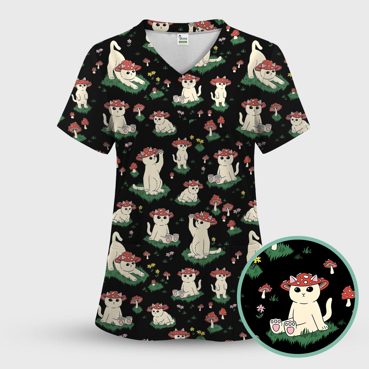 Mushroom Cat Nurse Scrub Top