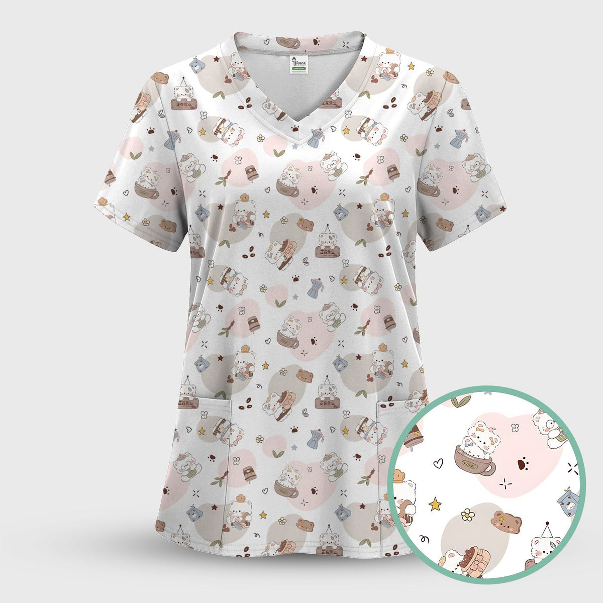 Cat With Coffee Paw Heart Nurse Scrub Set