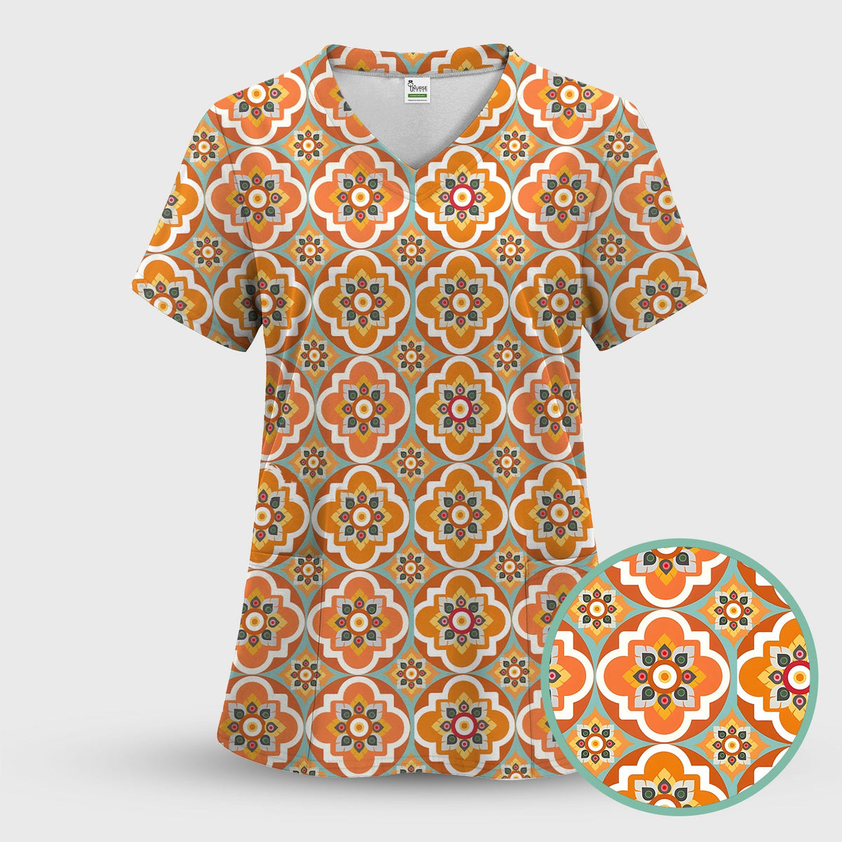 Orange Retro Geometric Floral Nurse Scrub Set