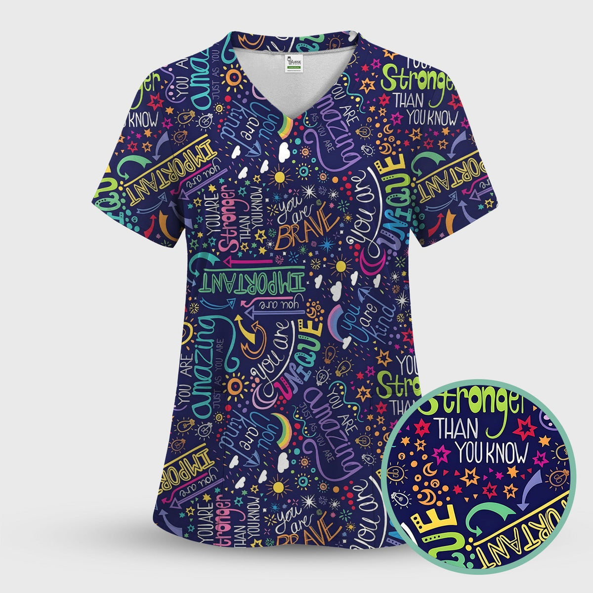 Inspirational Quote Pattern Scrub Top, Breathable Fabrics Nursing Uniform