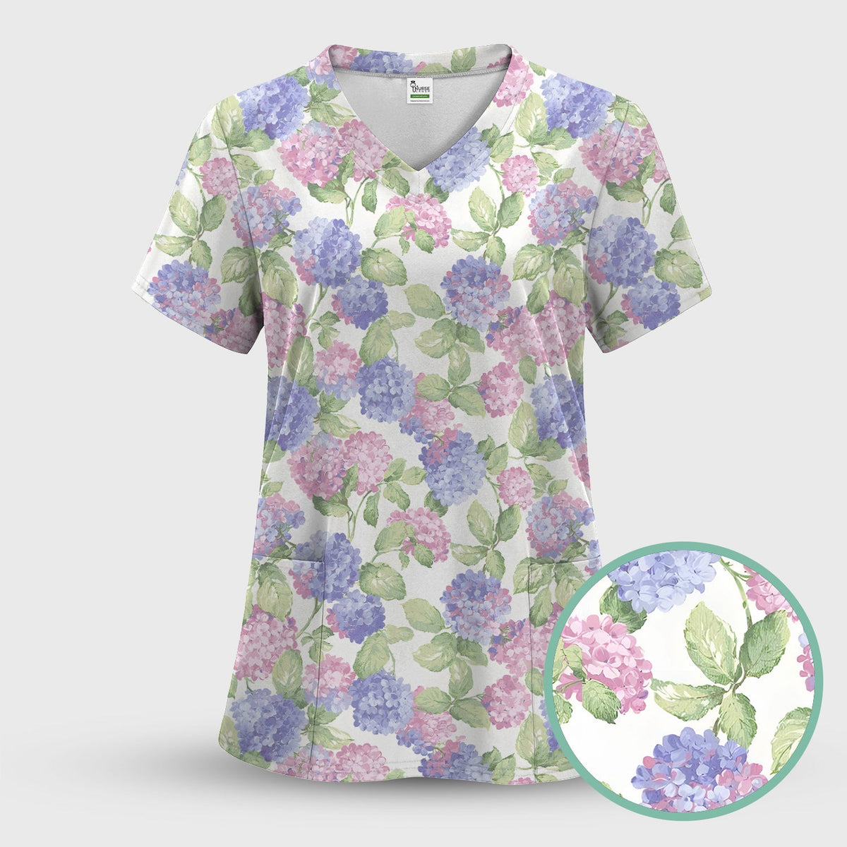 Soft Pastel Watercolor Hydrangea Floral Pattern Scrub Top, Comfortable Scrubs for Nurses