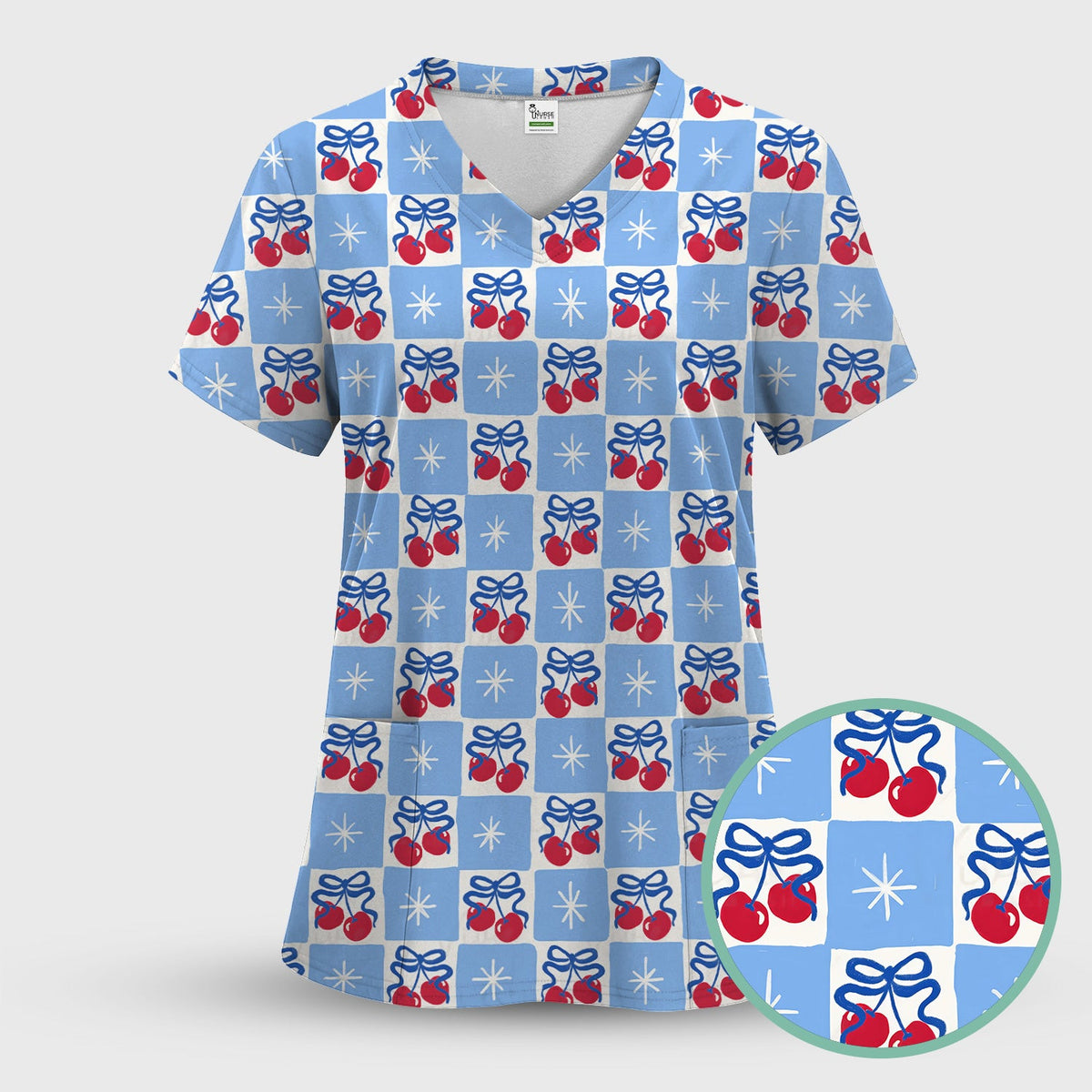 Cherry Bow Gingham Nurse Scrub Top