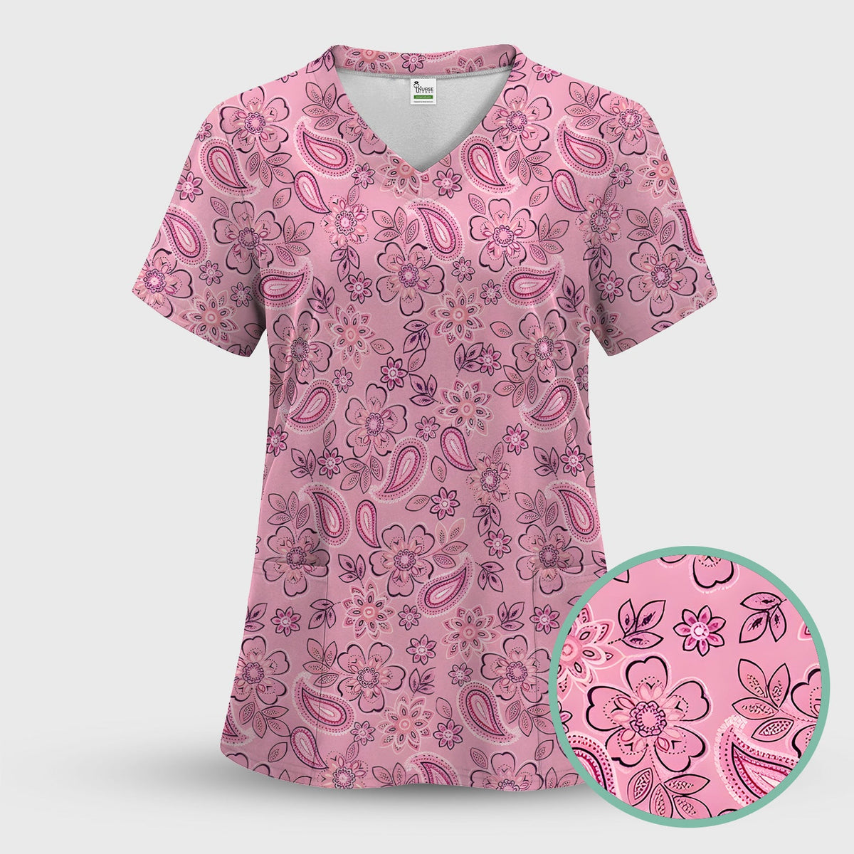 Pink Paisley Floral Nurse Scrub Top