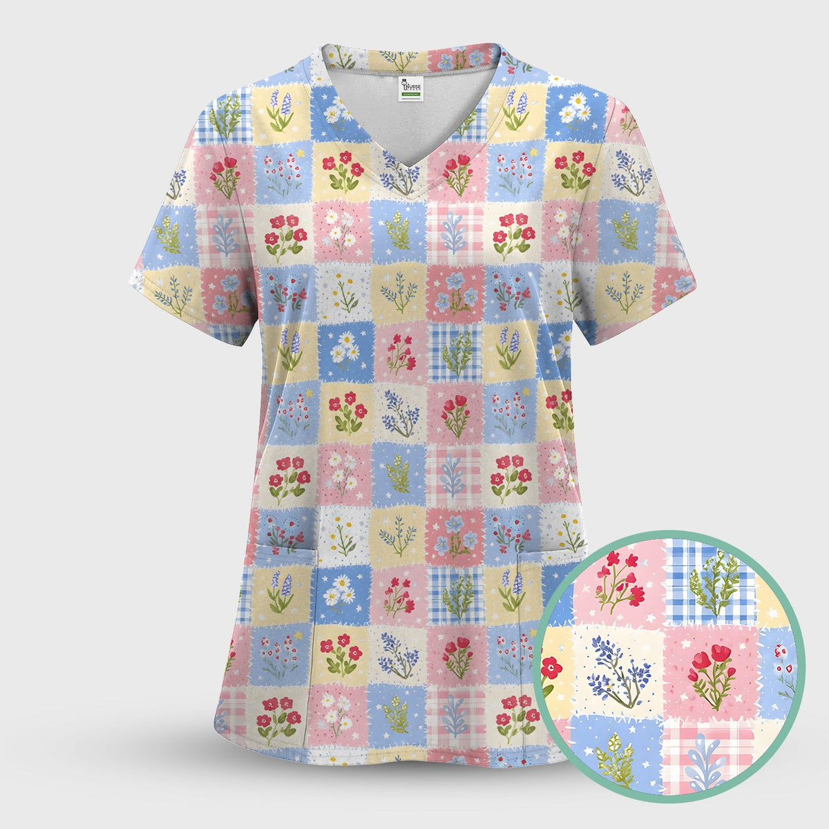 Pastel Patchwork Wildflower Garden Nurse Scrub Set