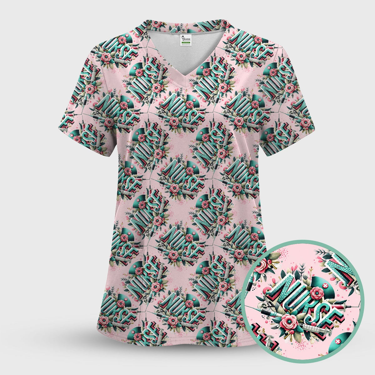 Typography Floral Nurse Scrub Top