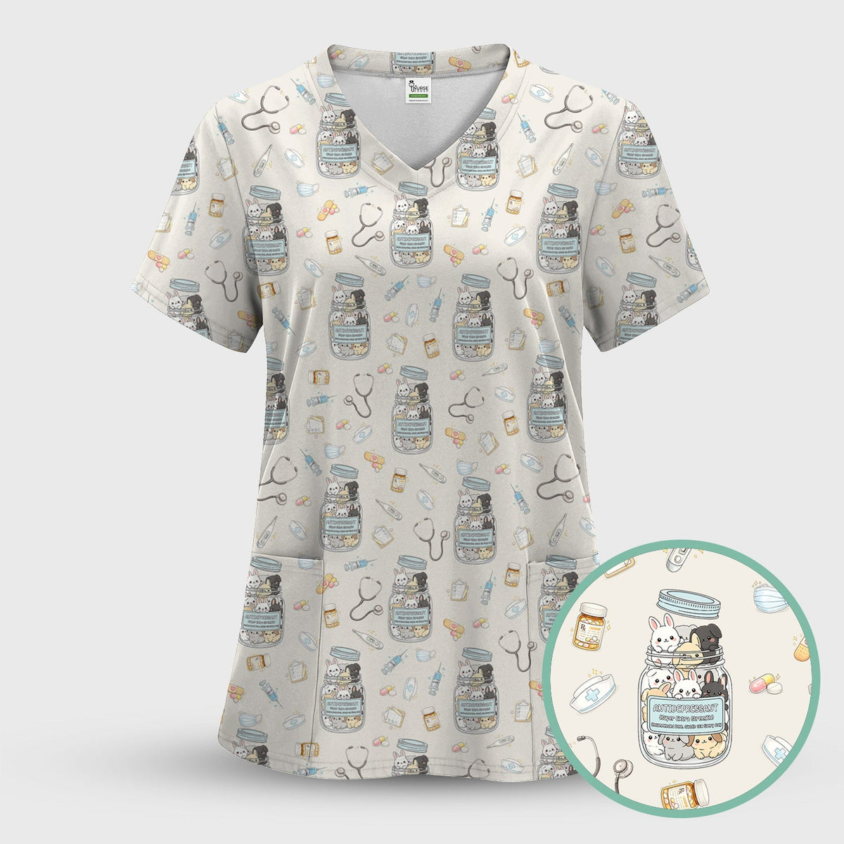 Whimsical Antidepressant Rabbit Jar Nurse Scrub Top