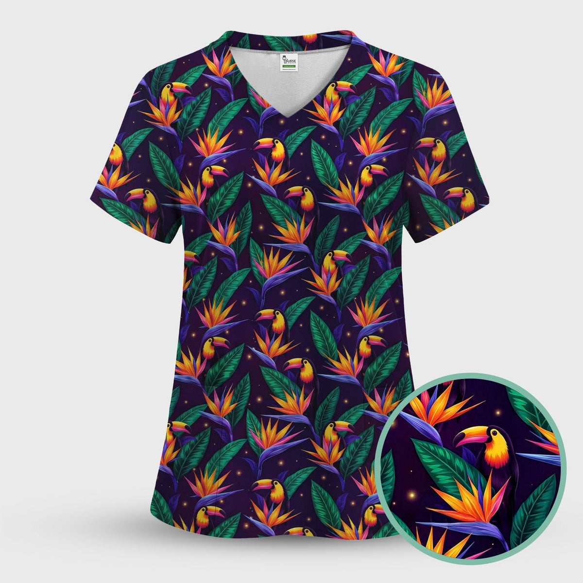 Tropical Toucan Paradise Leaves Nurse Scrub Top