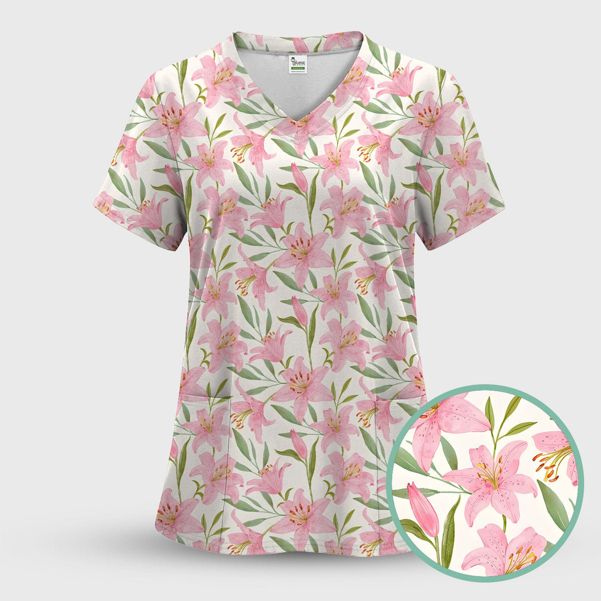 Pink Lily Floral Nurse Scrub Top