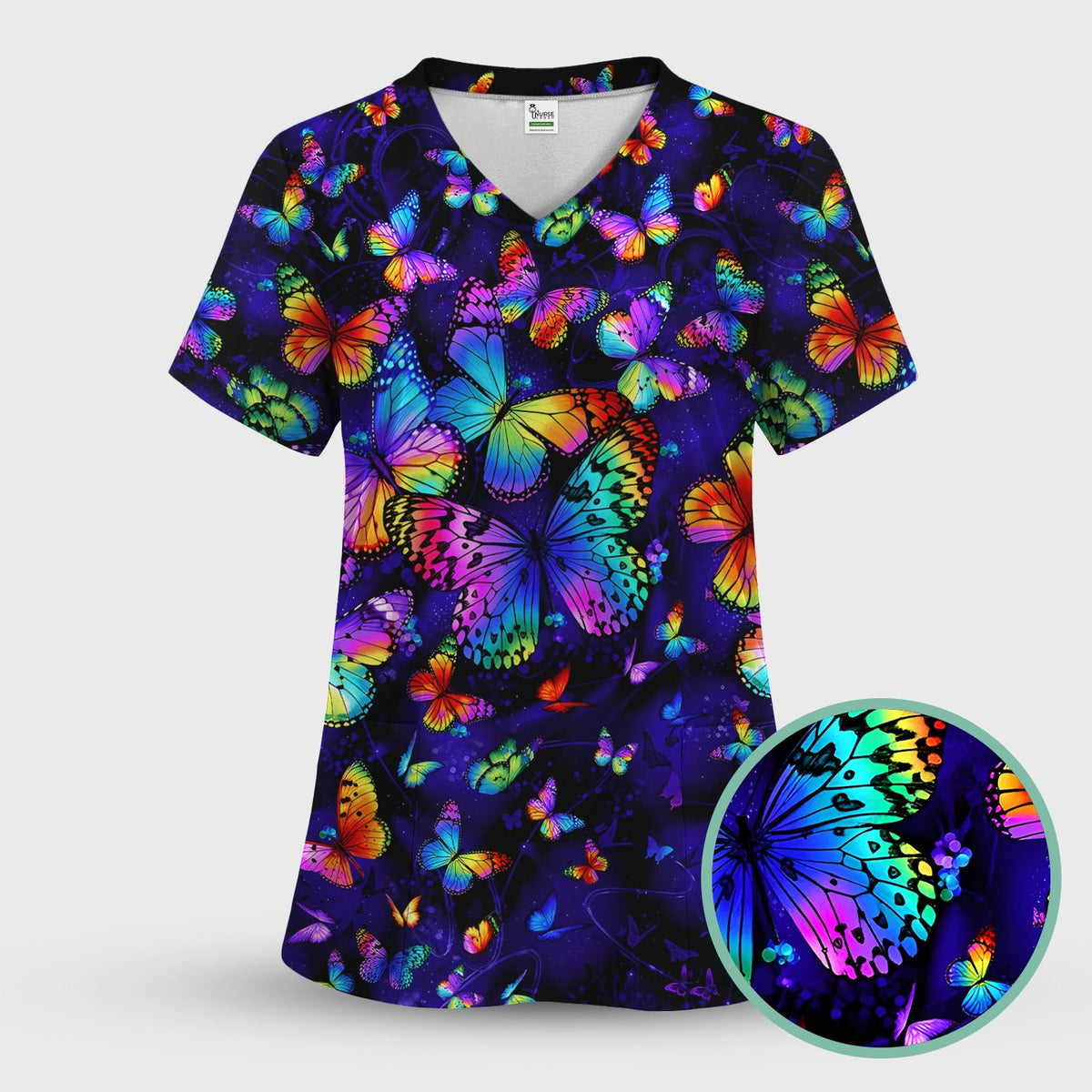 Vibrant Rainbow Butterfly Galaxy Nurse Scrub Top