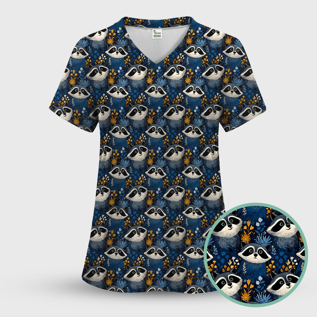 Raccoon Blue Floral Forest Nurse Scrub Top