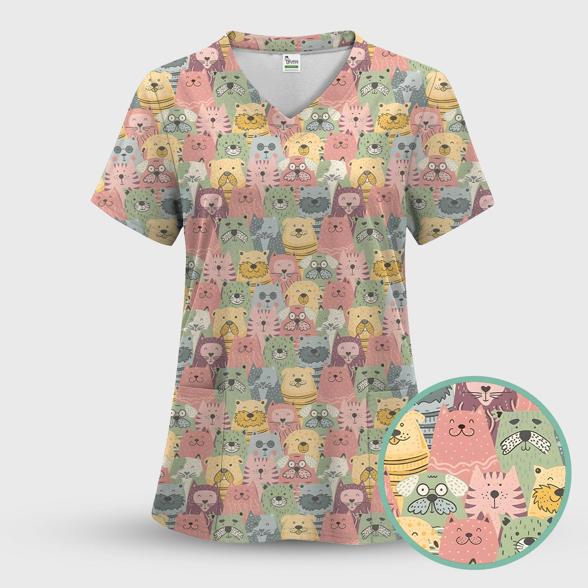 Cartoon Cat And Dog Faces Nurse Scrub Set